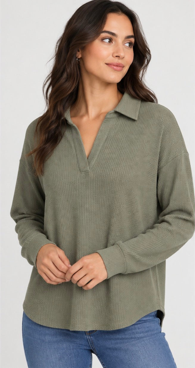 Buffalo David Bitton Women’s Waffle Knit Collared Top – Olive Green