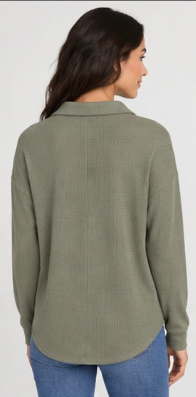 Buffalo David Bitton Women’s Waffle Knit Collared Top – Olive Green