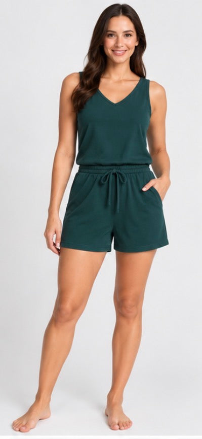 Lolë Women’s Sleeveless V-Neck Romper – Dark Teal Green