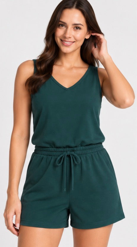 Lolë Women’s Sleeveless V-Neck Romper – Dark Teal Green