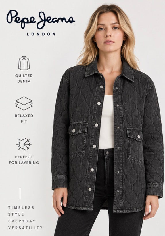 Pepe Jeans Women’s Quilted Denim Jacket – Washed Black