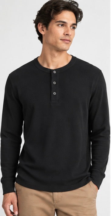 Banana Republic Men’s Ribbed Henley Long Sleeve Shirt – Black