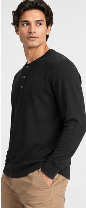 Banana Republic Men’s Ribbed Henley Long Sleeve Shirt – Black
