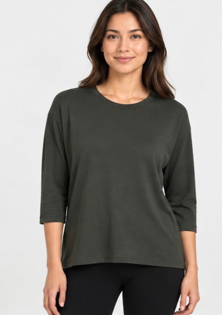 SA·EG Collective Women’s 3/4 Sleeve Crew Neck Top – Dark Olive Green