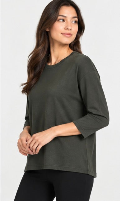 SA·EG Collective Women’s 3/4 Sleeve Crew Neck Top – Dark Olive Green