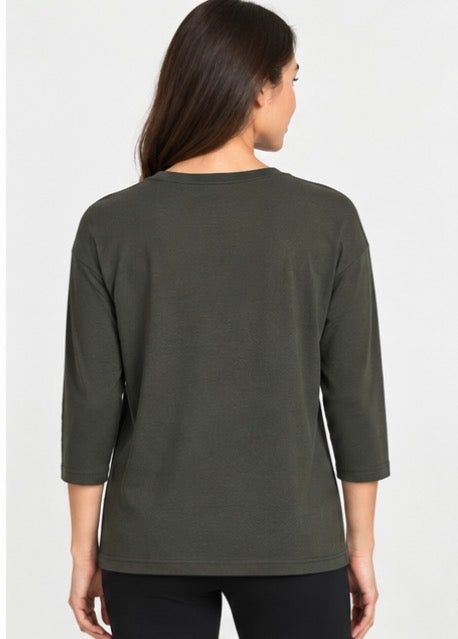 SA·EG Collective Women’s 3/4 Sleeve Crew Neck Top – Dark Olive Green