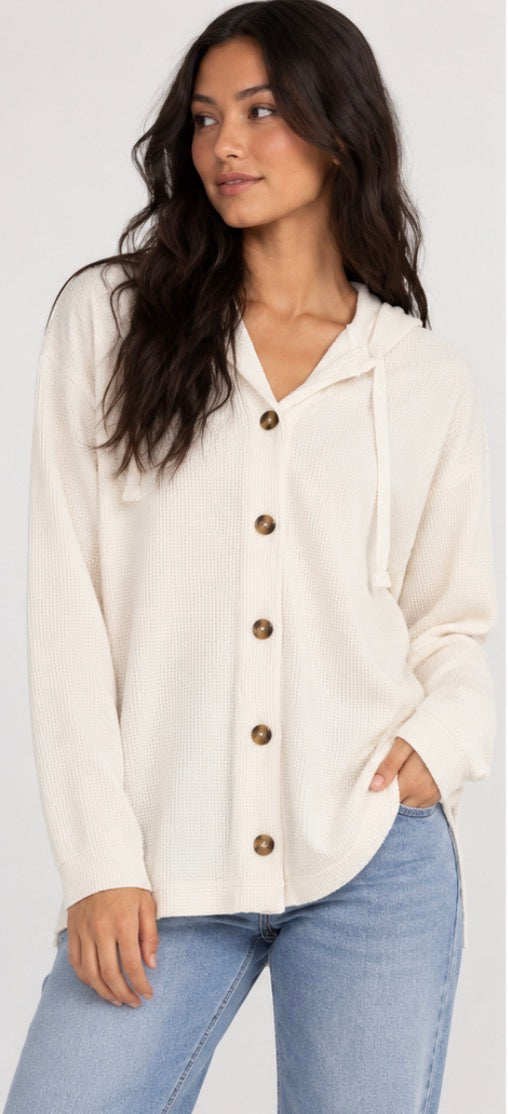 Roxy Women’s Waffle Knit Hooded Button-Up Cardigan – Cream
