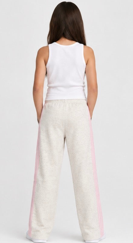 Adidas Girls’ 3-Stripe Straight-Leg Pants – Oatmeal & Pink